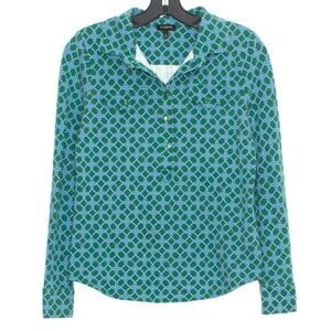 Talbots Womens Top Buttons Buckle Print Preppy Minimalist Retro Green Blue Small